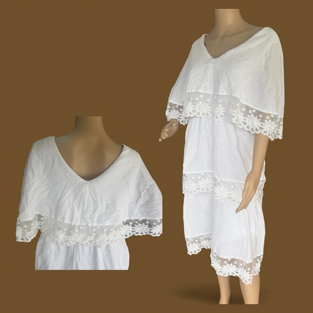 Roaman’s White Cotton Embroidered Dress 18W Lace Trim Boho Beach Cover Up